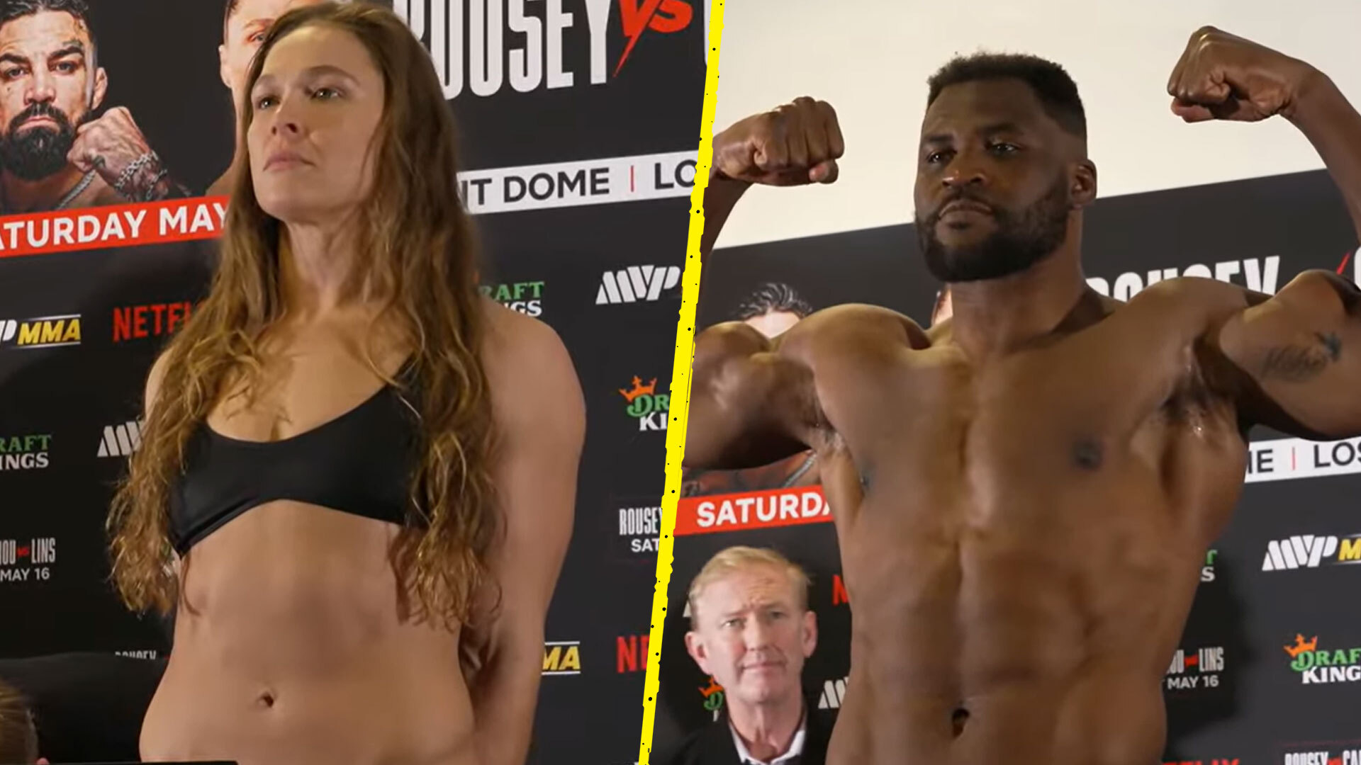 Francis Ngannou waży o 37 funtów więcej od rywala; Ronda Rousey i Gina Carano na wadze przed galą Netfliksa