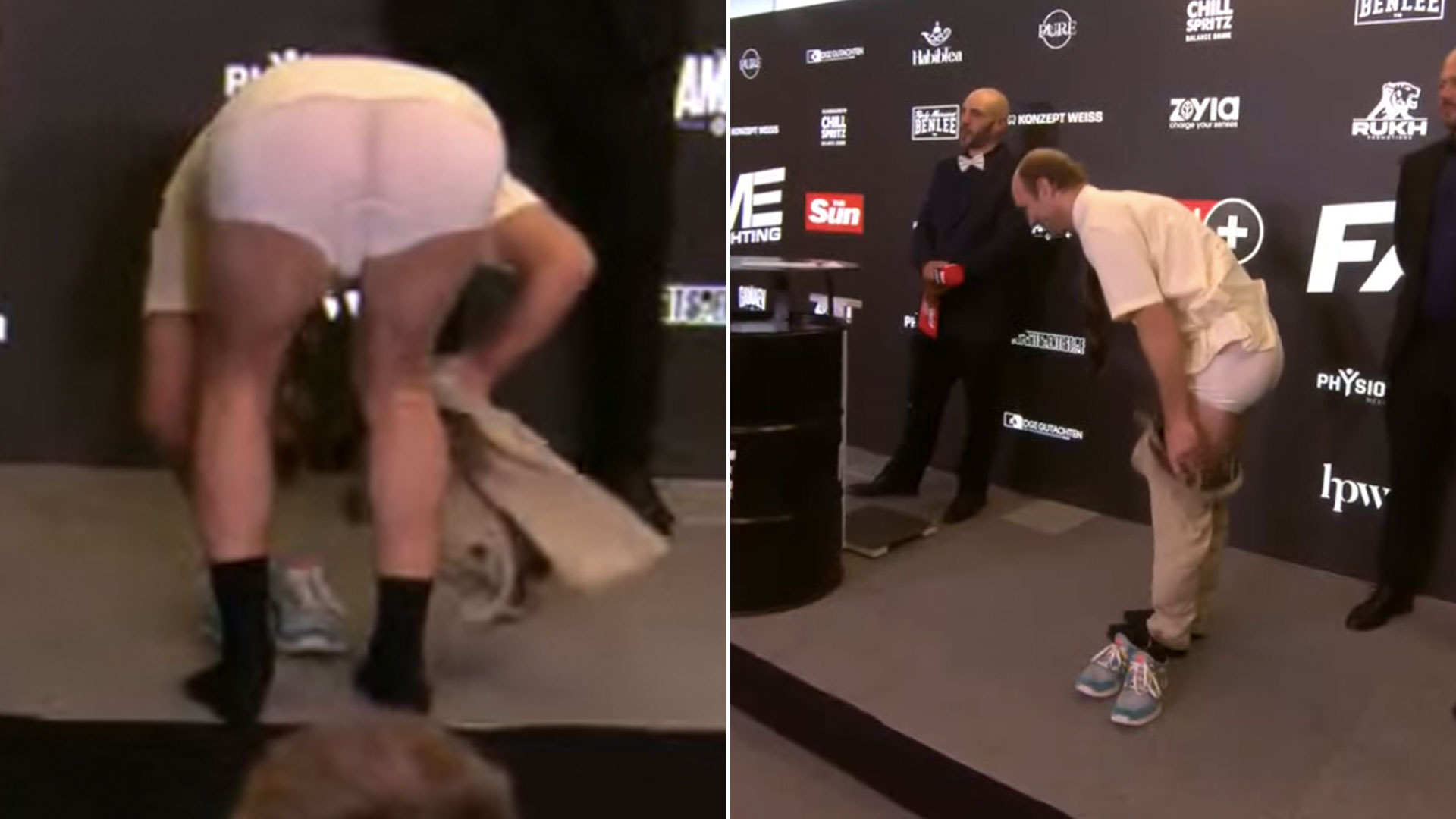 Nathan „Dad” Barnatt szokuje na ważeniu przed galą Fame Fighting vs Misfits Boxing